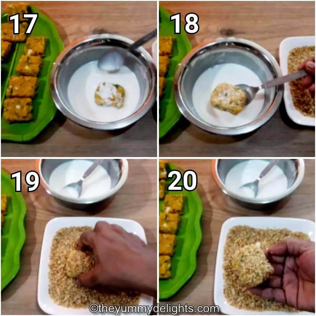 Collage image of 4 steps showing breading the poha cutlet.