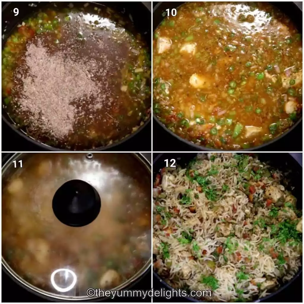 Collage image of 4 steps showing making the chicken and rice with vegetables. It shows addition of chicken broth, seasoning, rice and chicken to the pot and cooking it. 