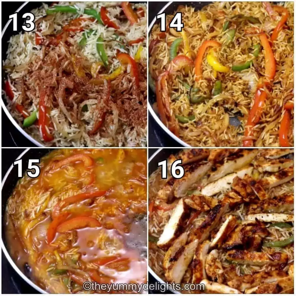 Collage image of 4 steps showing how to make chicken fajita and rice recipe. It shows addition of fajita seasoning, chicken broth and chicken back to the pan.