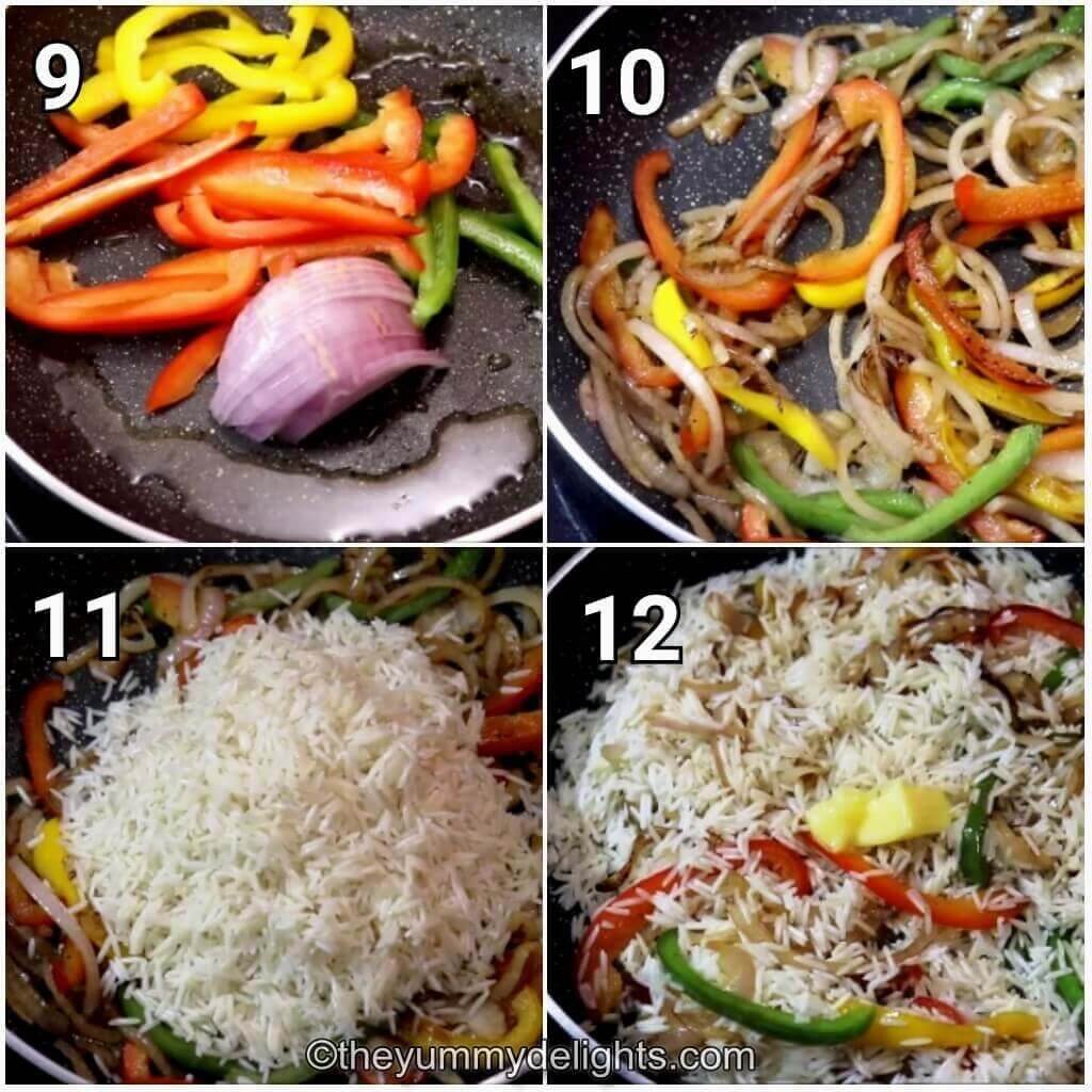 Collage image of 4 steps showing cooking the fajita vegetables and addition of rice.
