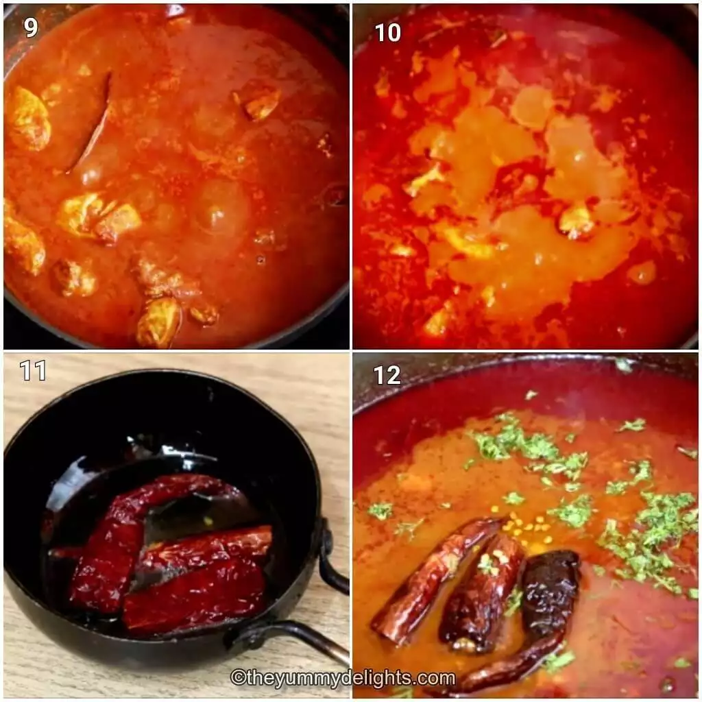 Collage image of 4 steps showing how to make chicken kolhapuri. It shoes cooking the chicken gravy and addition of tempering to it.