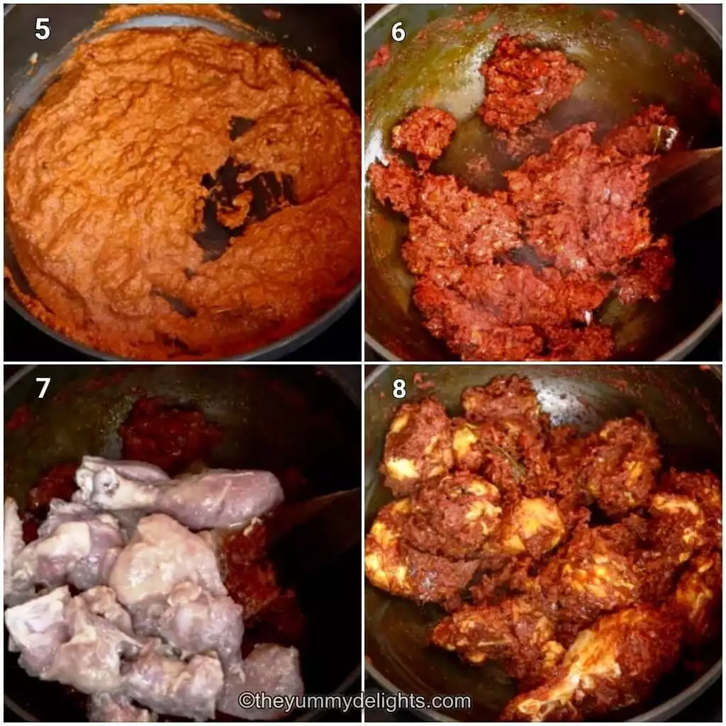 Collage image of 4 steps showing making chicken kolhapuri recipe. It shows addition of kolhapuri masala, cooking it and adding marinated chicken to the masala.