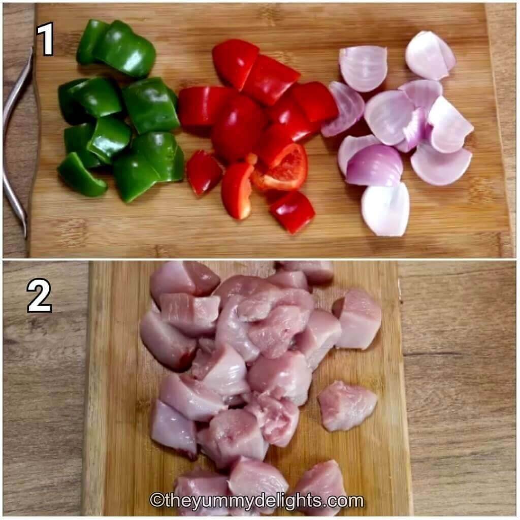 Collage image of 2 steps showing preparations to make chicken shashlik. It shows chopping the onion, bell peppers and chicken into cubes.