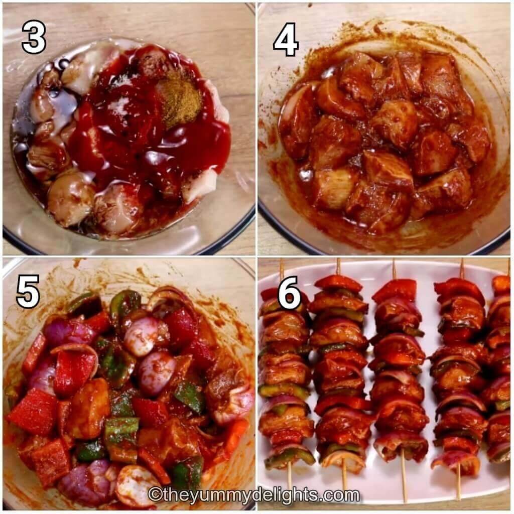 Collage image of 4 steps showing how to make shashlik kebabs. It shows marinating the chicken, vegetables and threading them on the wooden skewers.