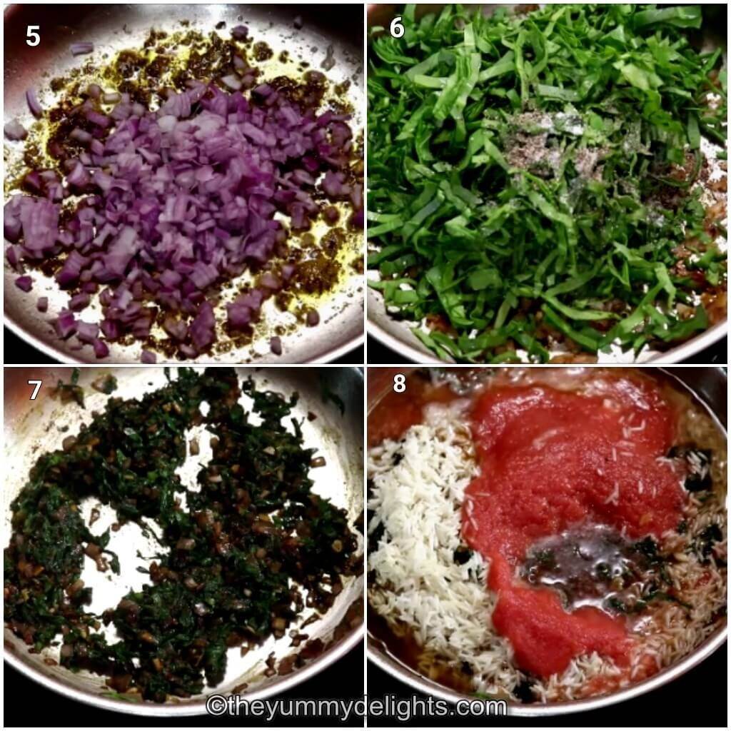 Collage image of 4 steps showing sauteing onions, addition of spinach, rice, chicken stock and tomato puree to make healthy chicken and rice with spinach.