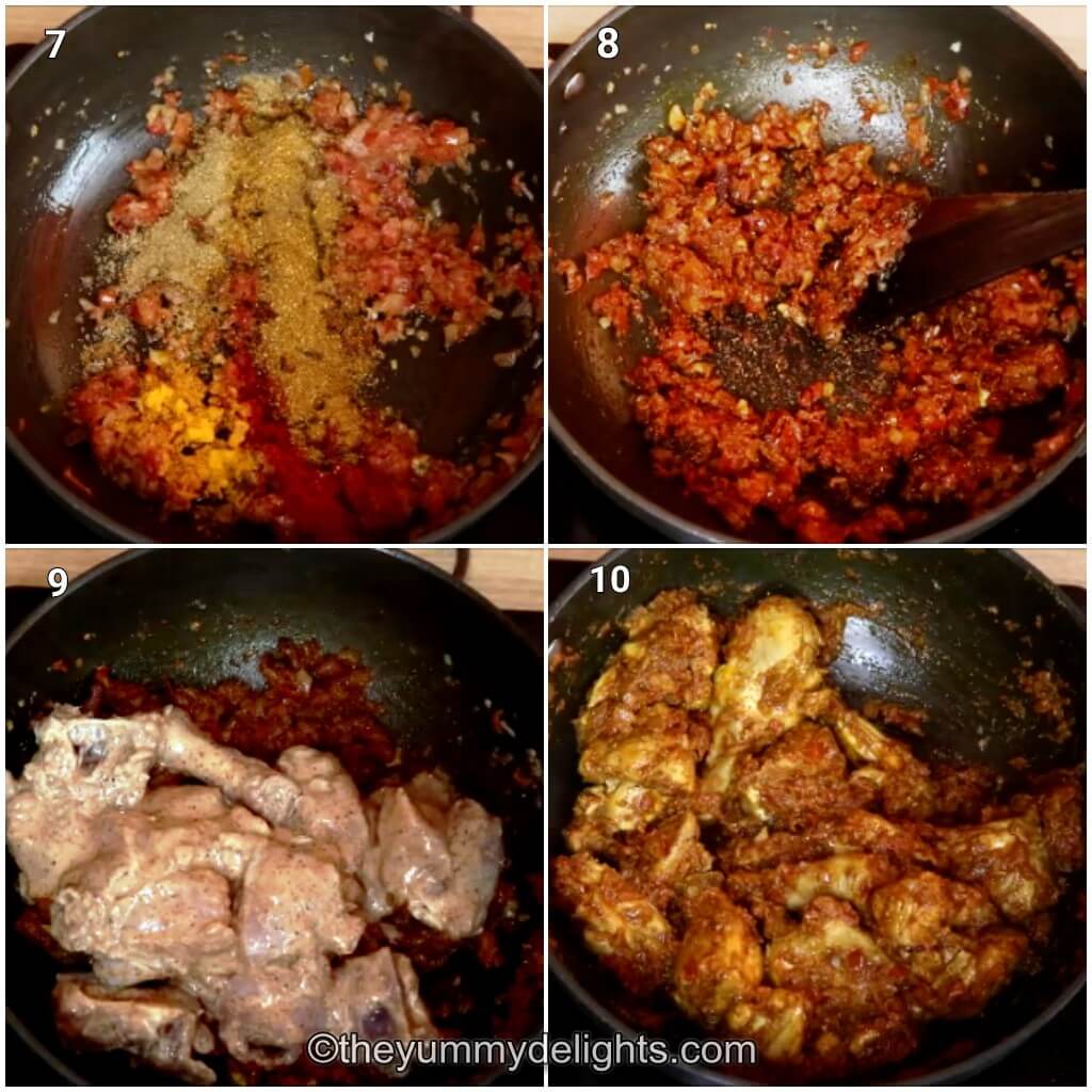 Collage image of 4 steps showing easy chicken masala recipe. It shows addition of spices, roasting the masala, adding chicken and roasting it with masala.