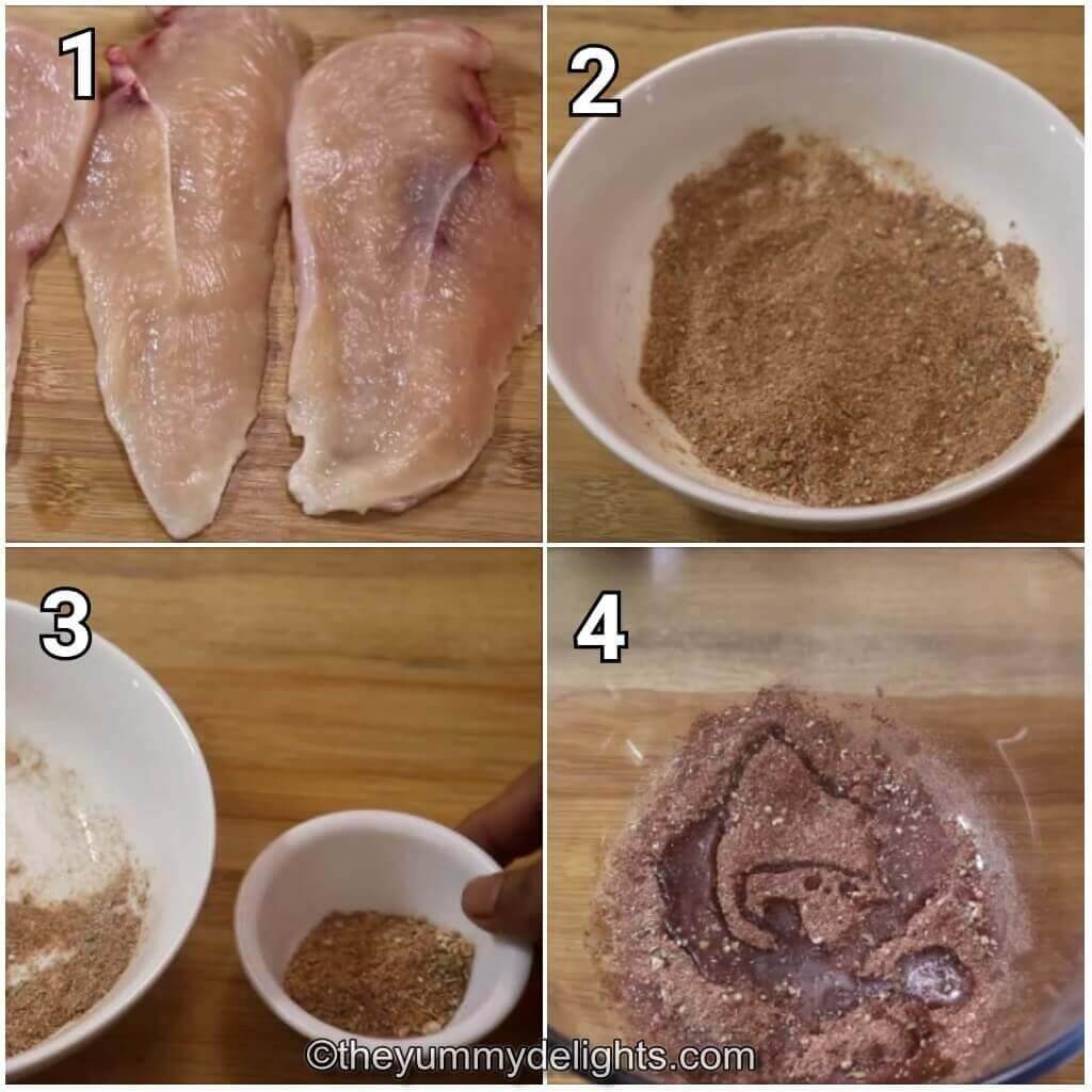 Collage image of 4 steps showing preparing the fajita seasoning to make one-pan fajita chicken rice recipe.