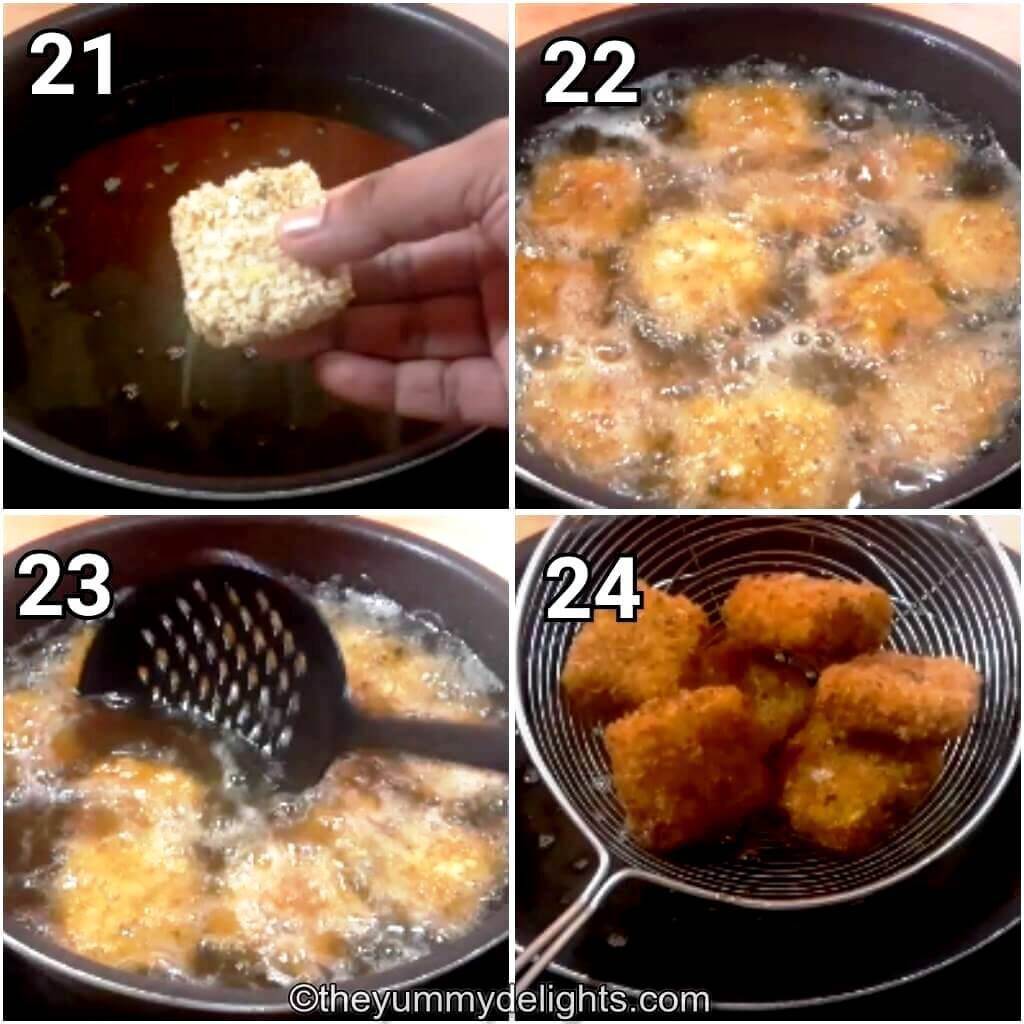 Collage image of 4 steps showing frying the poha cutlet.