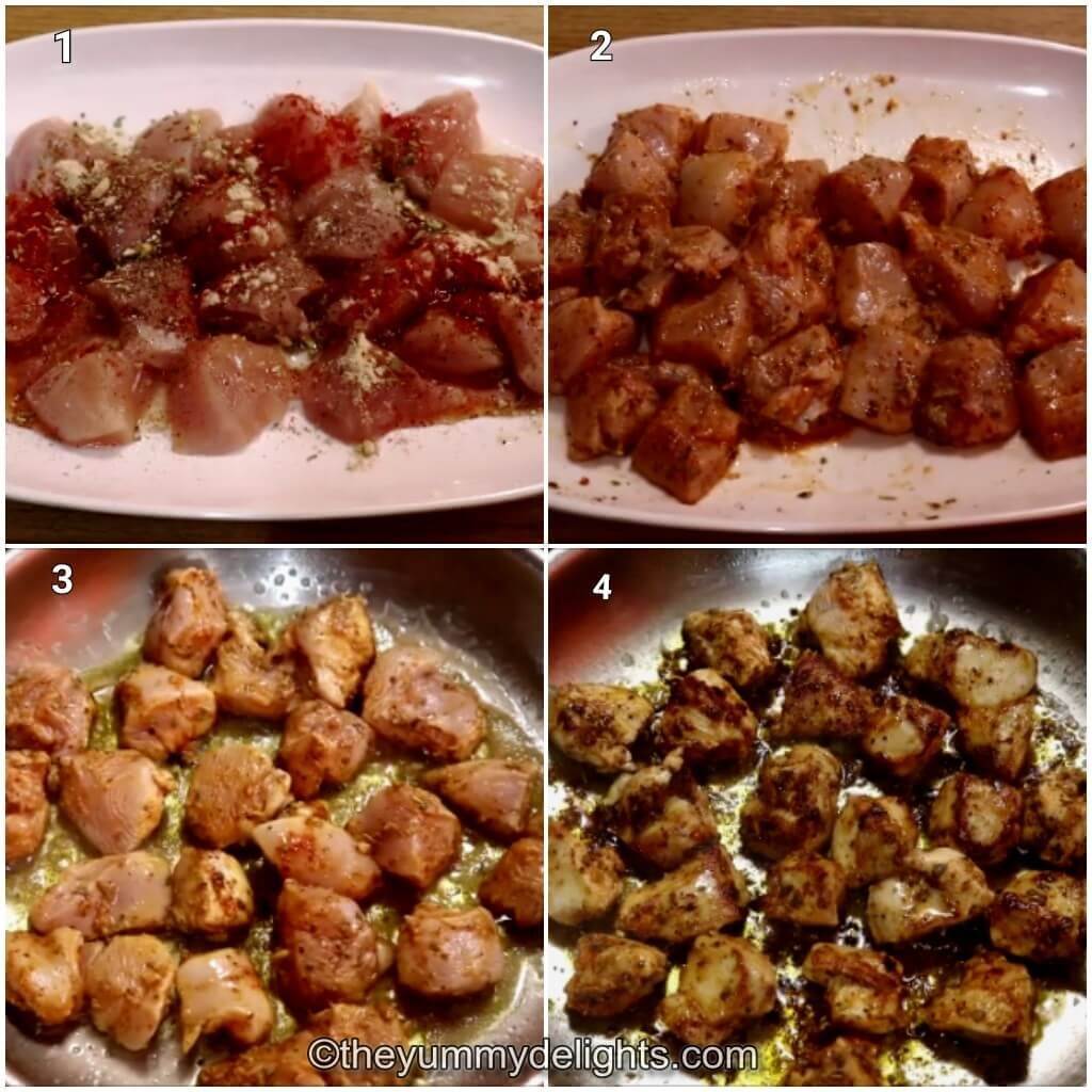 Collage image of 4 steps showing how to make spinach chicken rice. It shows marinating the chicken and cooking it.
