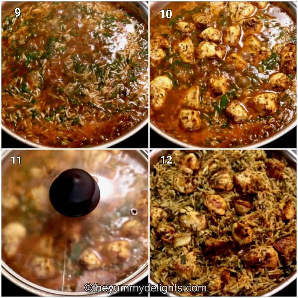 Collage image of 4 steps showing addition of chicken and cooking the spinach chicken rice on low heat.