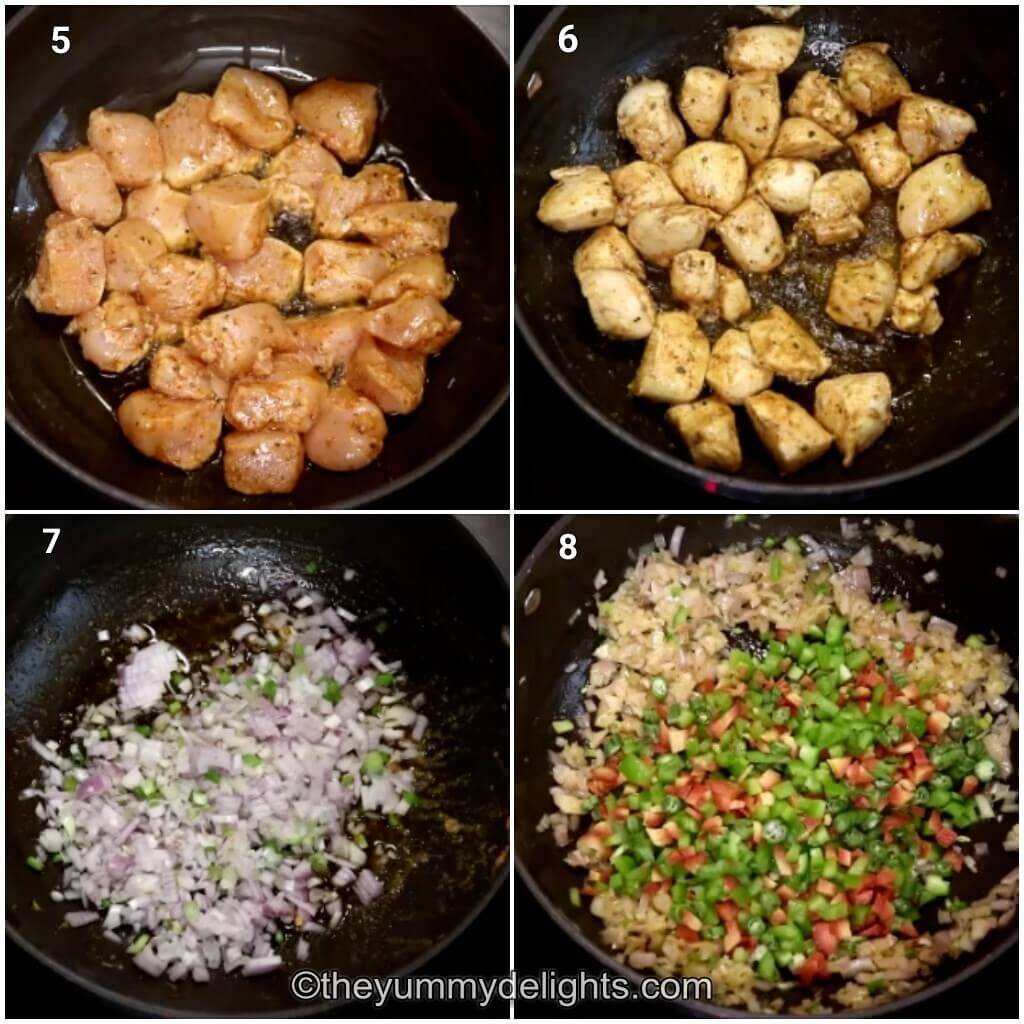 Collage image of 4 steps showing how to make one-pot chicken and rice. It shows searing the chicken in the pot and sauteing onions, garlic and vegetables.