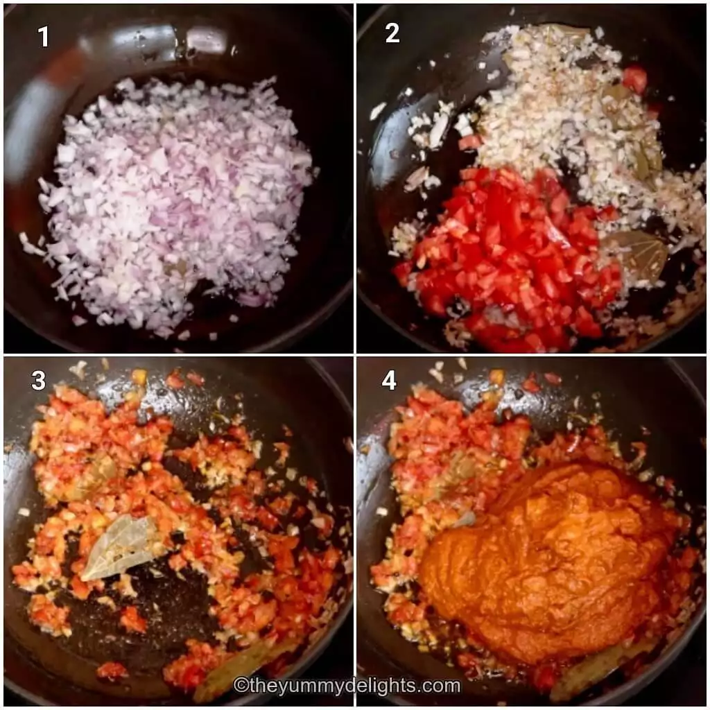 Collage image of 4 steps showing making the kolhapuri chicken curry. It shows sauteing onions and tomatoes and addition of kolhapuri masala.