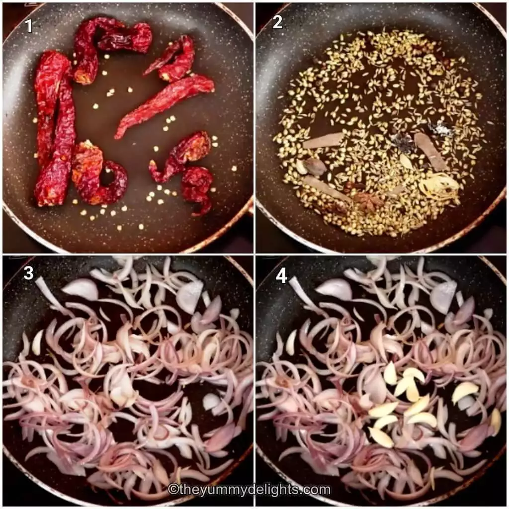 Collage image of 4 steps showing how to make Kolhapuri masala. It shows roasting the dries red chilies, whole spices and sauteing onions and garlic.