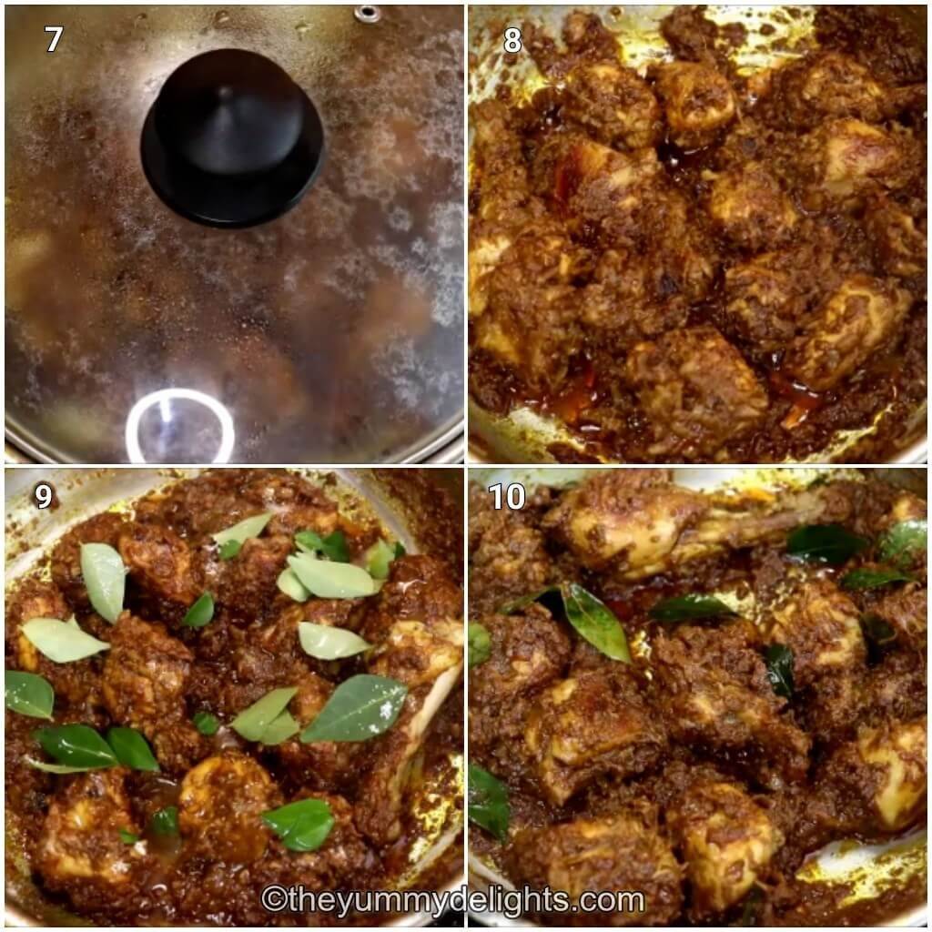 Collage image of 4 steps showing cooking the chicken with pepper chicken masala. And the addition of curry leaves and lemon juice.