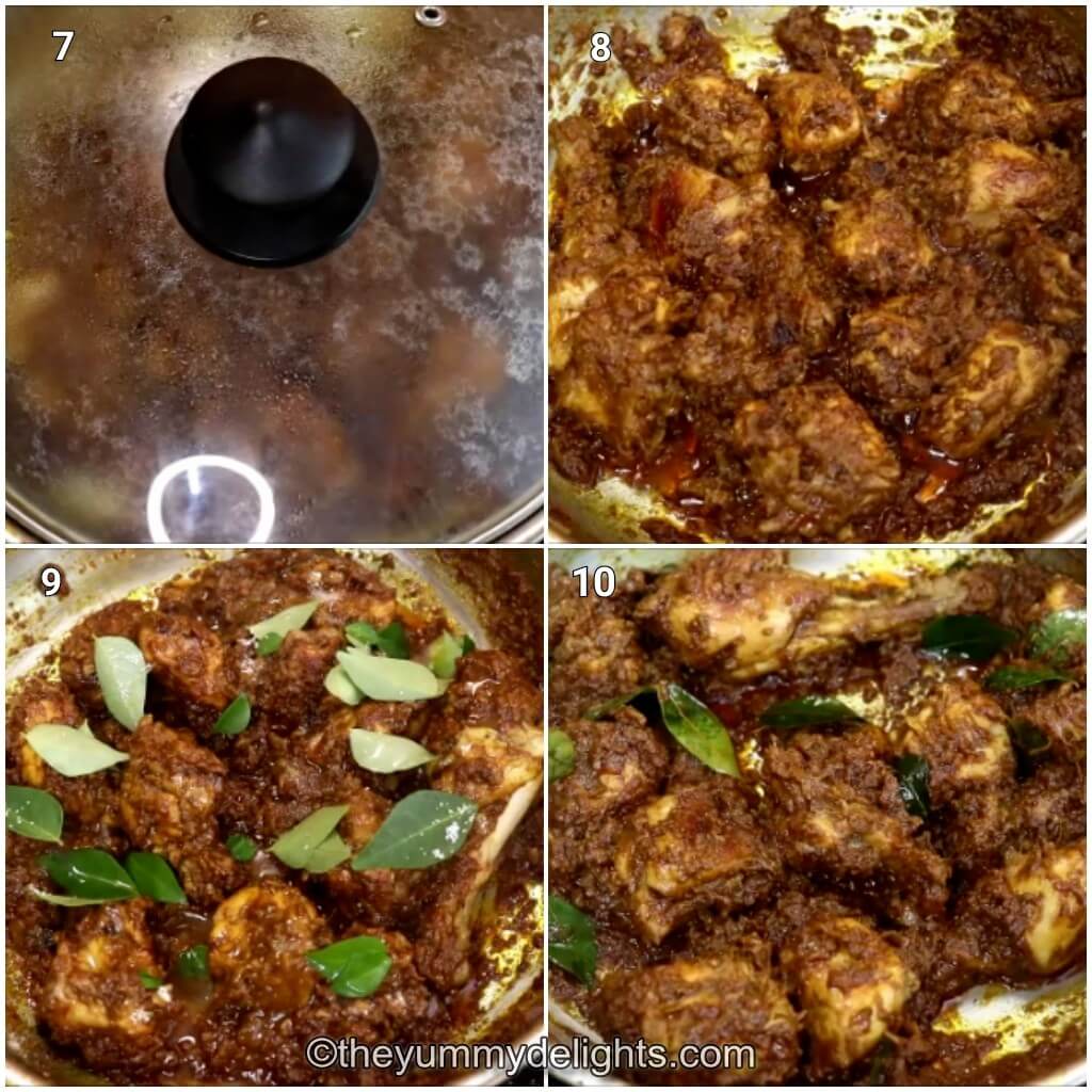 collage image of 4 steps showing making andhra pepper chicken recipe. It shows cooking the chicken, addition of curry leaves and lemon juice.