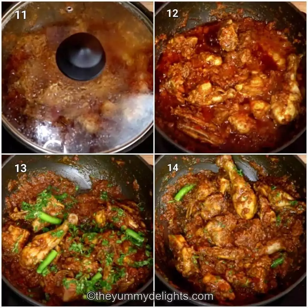 Collage image of 4 steps showing cooking the chicken in the masala. It also shows addition of green chilies and coriander leaves.