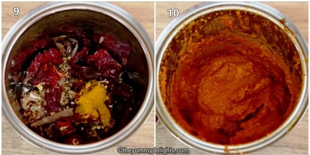 collage image of 2 steps grinding kolhapuri masala to make the chicken curry.