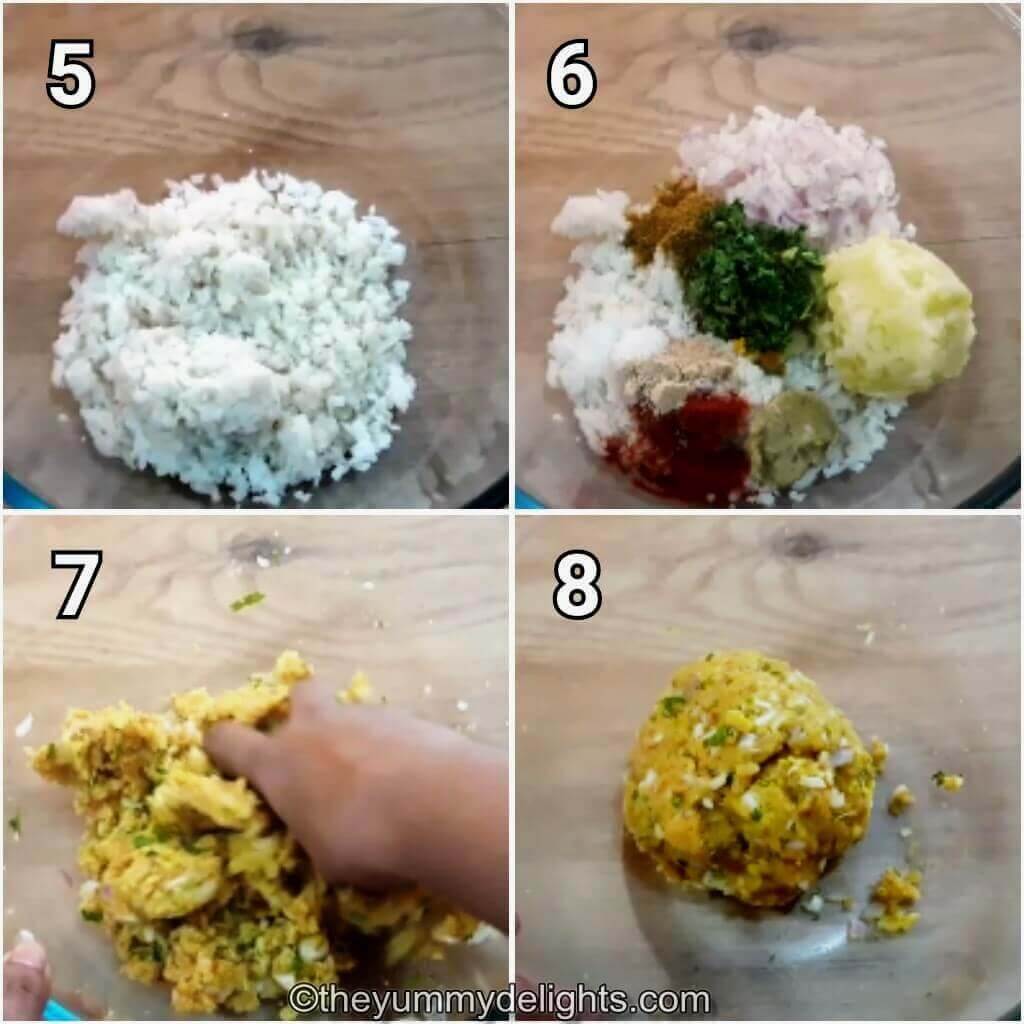 Collage image of 4 steps showing making the poha cutlet mixture. It shows addition of ingredients and seasoning to poha to make the cutlet mixture.
