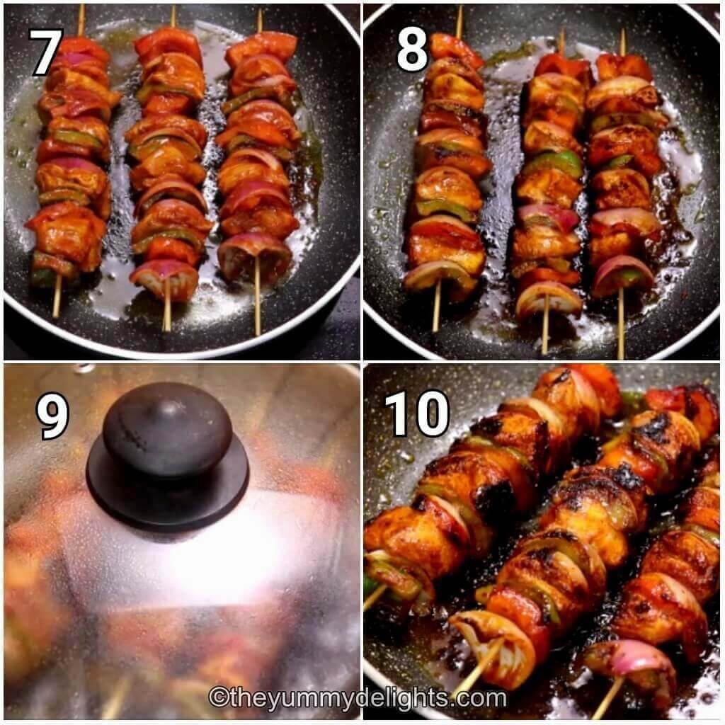 Collage image of 4 steps showing cooking the shashlik kebabs on a pan to make chicken shashlik
