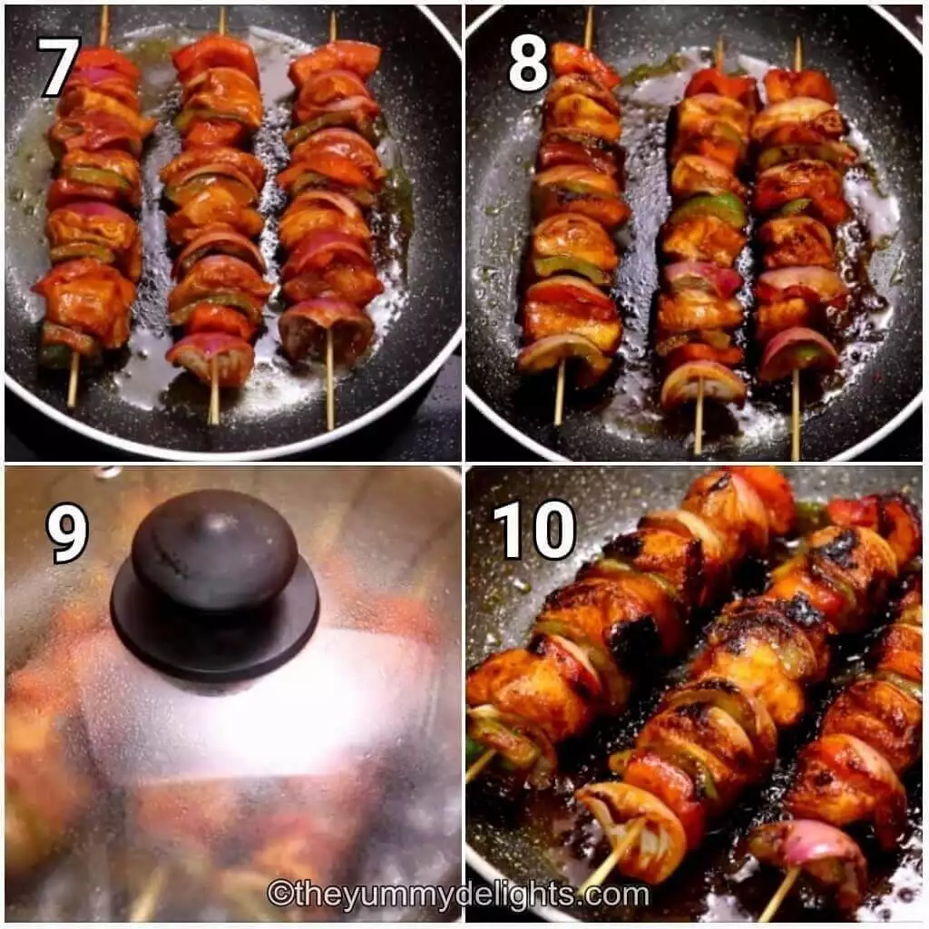 Collage image of 4 steps showing cooking the shashlik kebabs on a pan to make chicken shashlik.