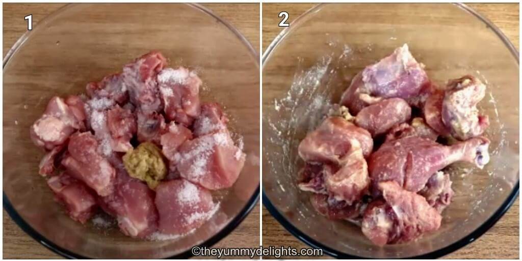 marinating chicken to make kolhapuri chicken curry.