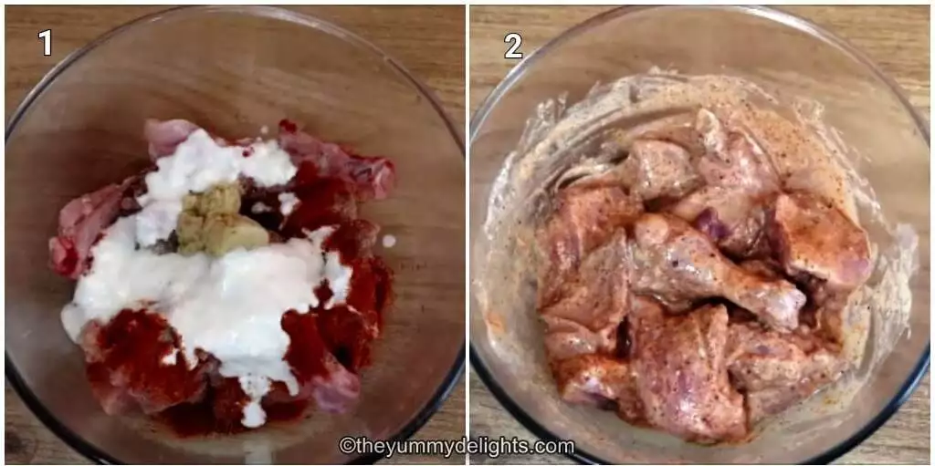 Collage image of 2 steps showing marinating the chicken to make chicken masala.
