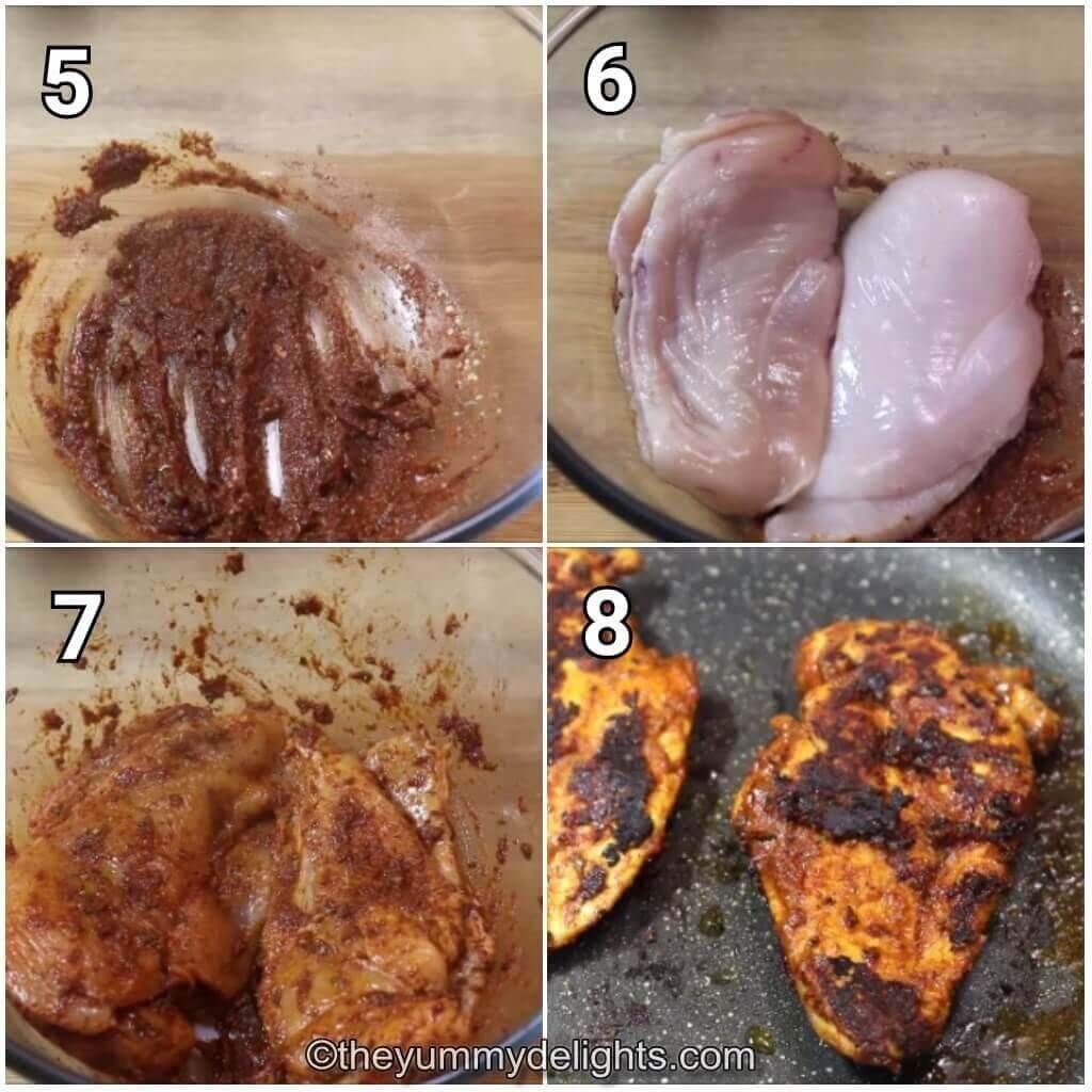 Collage image of 4 steps showing how to make chicken fajita rice skillet. It shows marinating the chicken breasts and pan-frying them.