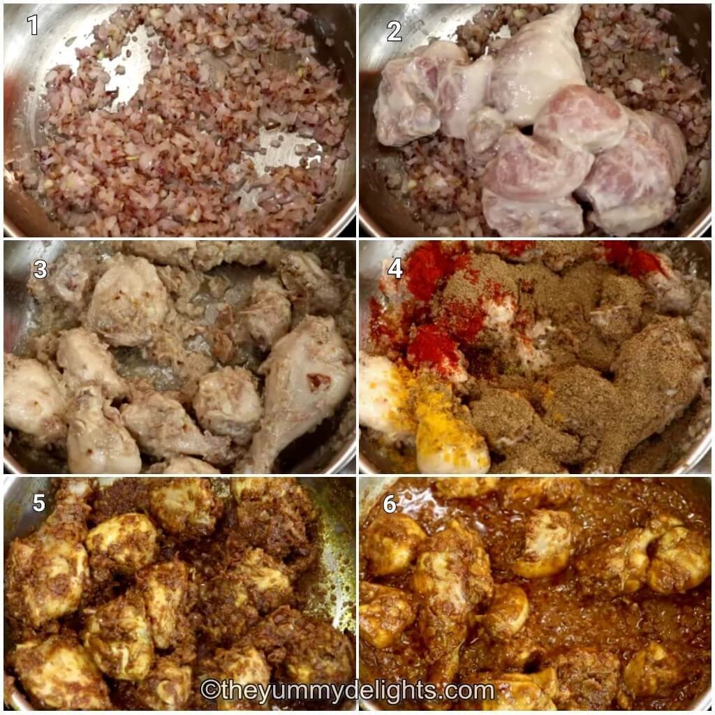 Collage image of 6 steps showing how to make pepper chicken fry recipe. It shows sauteing onions, addition of chicken and spice powders.