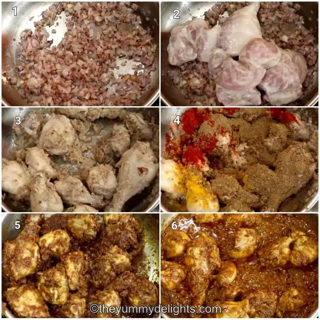 Collage image of 6 steps showing how to make spicy Andhra pepper chicken fry recipe. It shows sauteing onions, addition of chicken and spice powders.