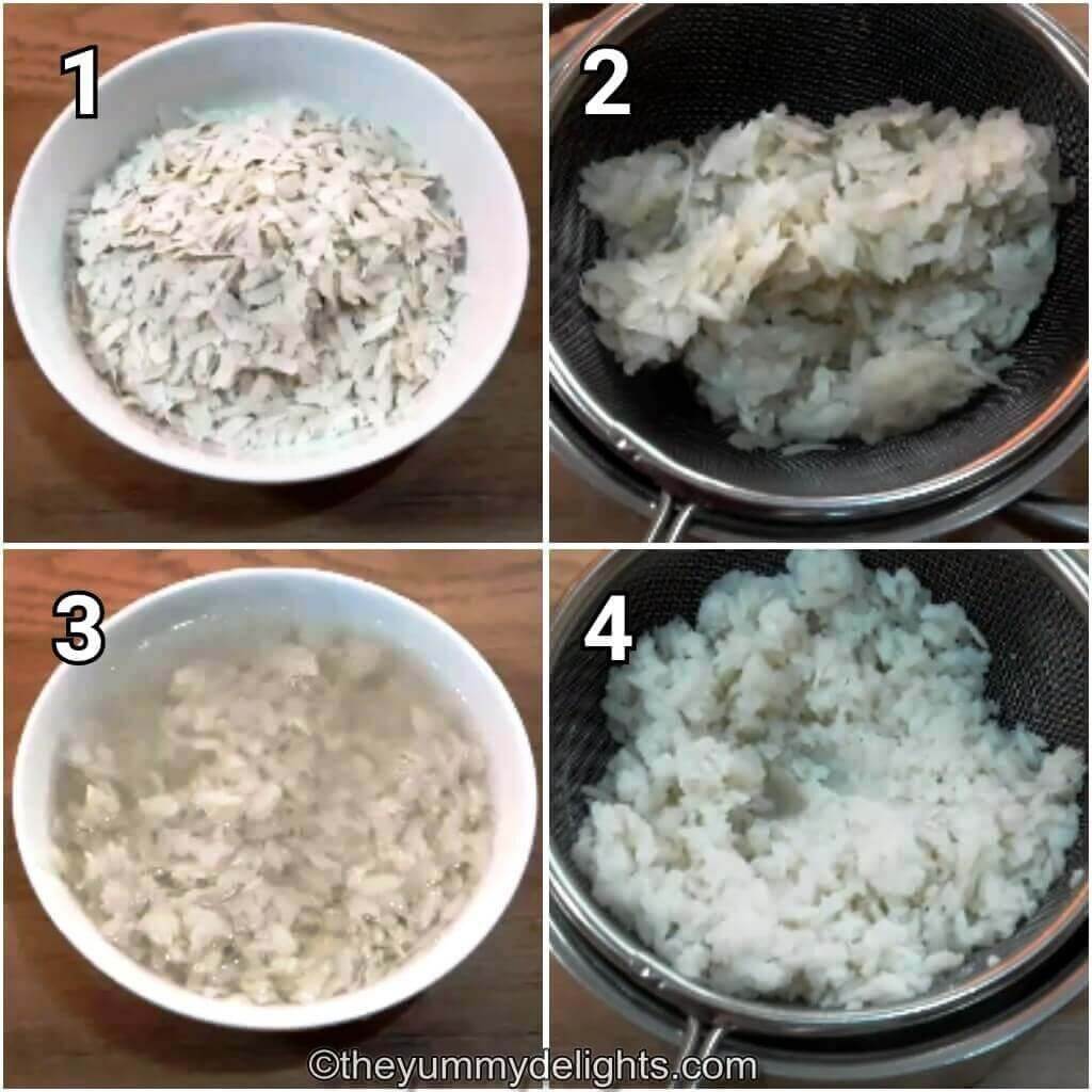 Collage image of 4 steps showing how to make poha cutlets. It shows soaking the poha and draining off the water.
