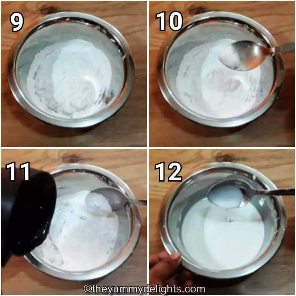 Collage image of 4 steps showing making the cornflour mixture to make poha patty.