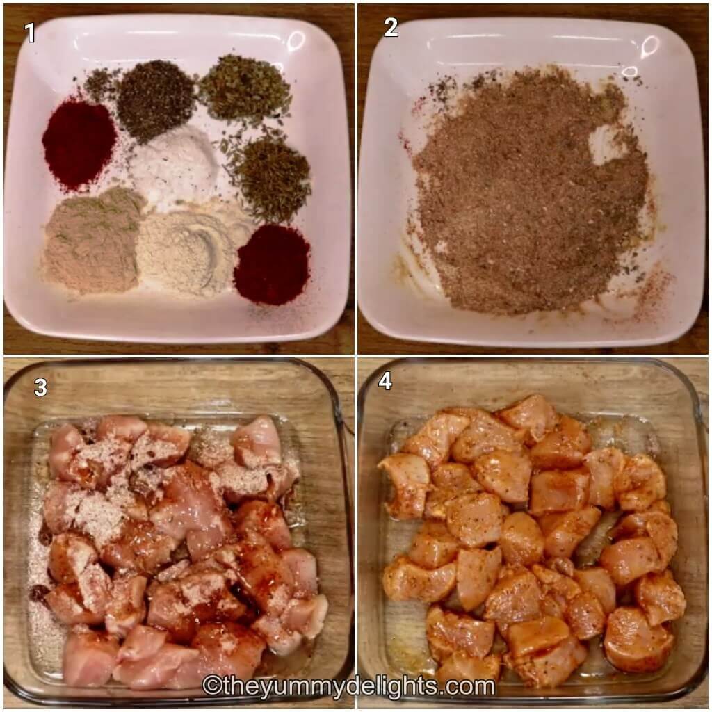 Collage image of 4 steps showing mixing the seasoning and marinating the chicken to make chicken and rice recipe.