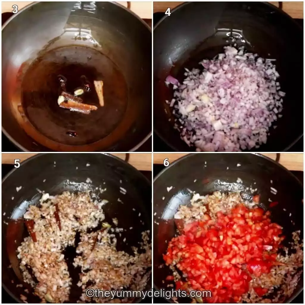 Collage image of 4 steps showing sauteing whole spices and onions to make chicken masala.