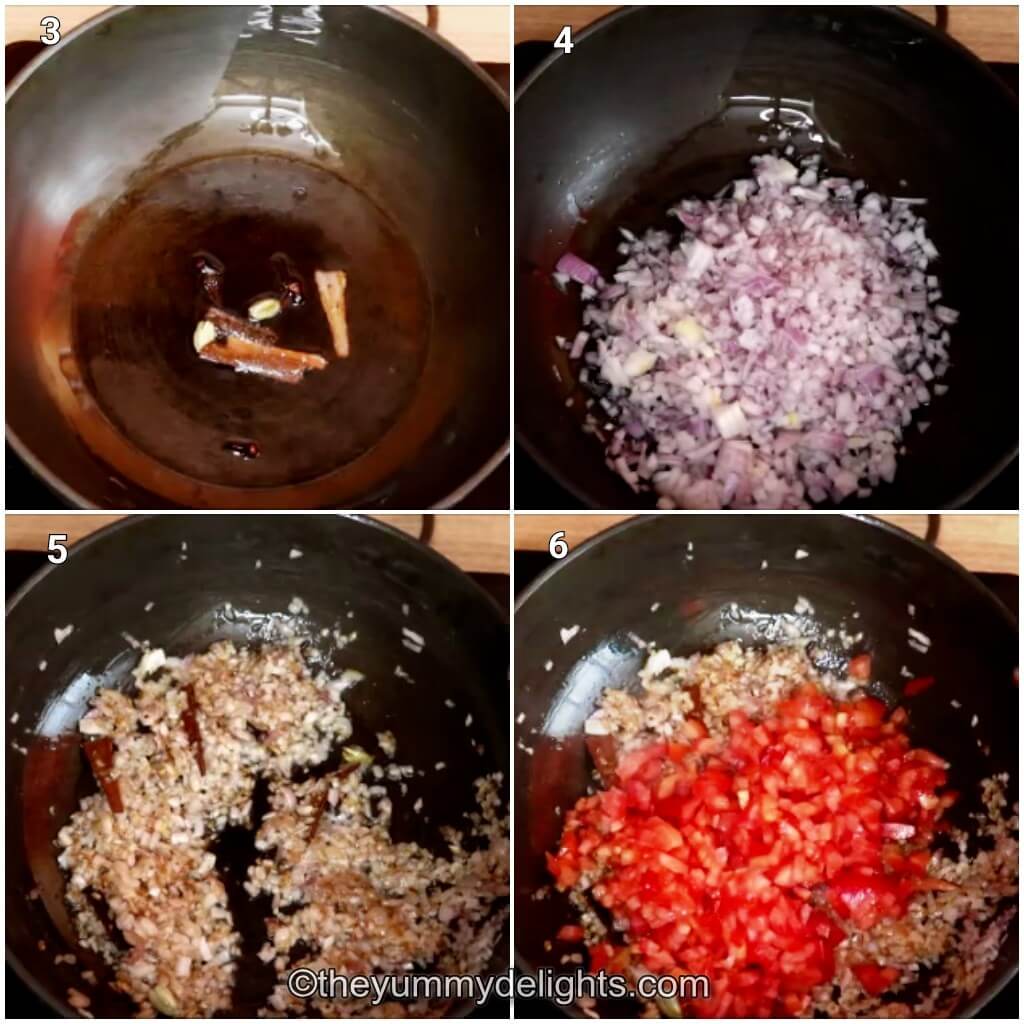 collage image of 4 steps showing sauteing whole spices, onions and tomatoes to make chicken masala.