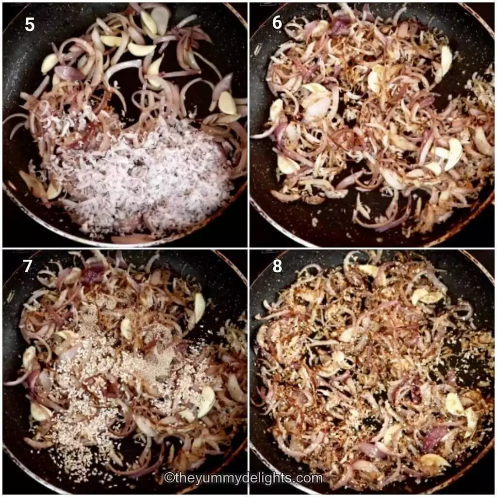 Collage image of 4 steps showing making the Kolhapuri chickne masala. It shows roasting coconut, sesame seeds and poppy seeds.