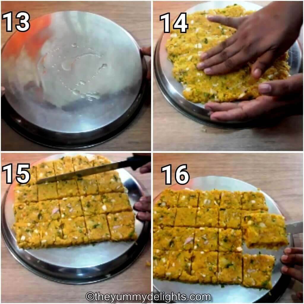Collage image of 4 steps showing shaping the poha cutlet.