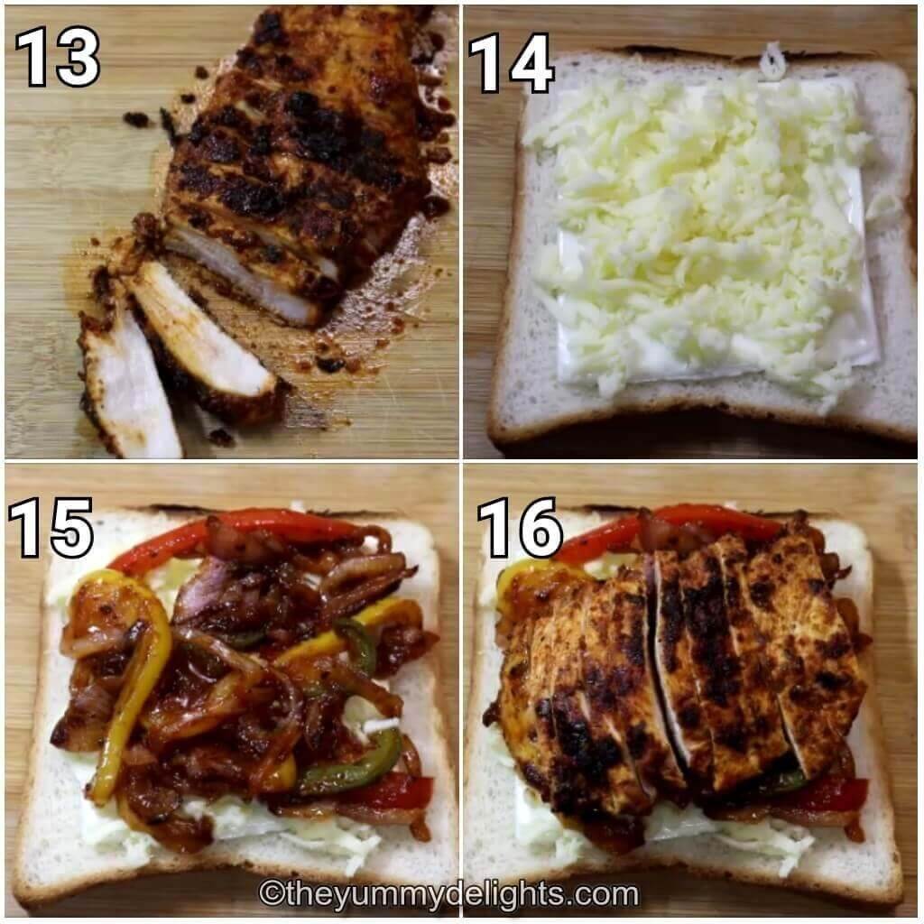 Collage image of 4 steps showing assembling the chicken fajita sandwich.