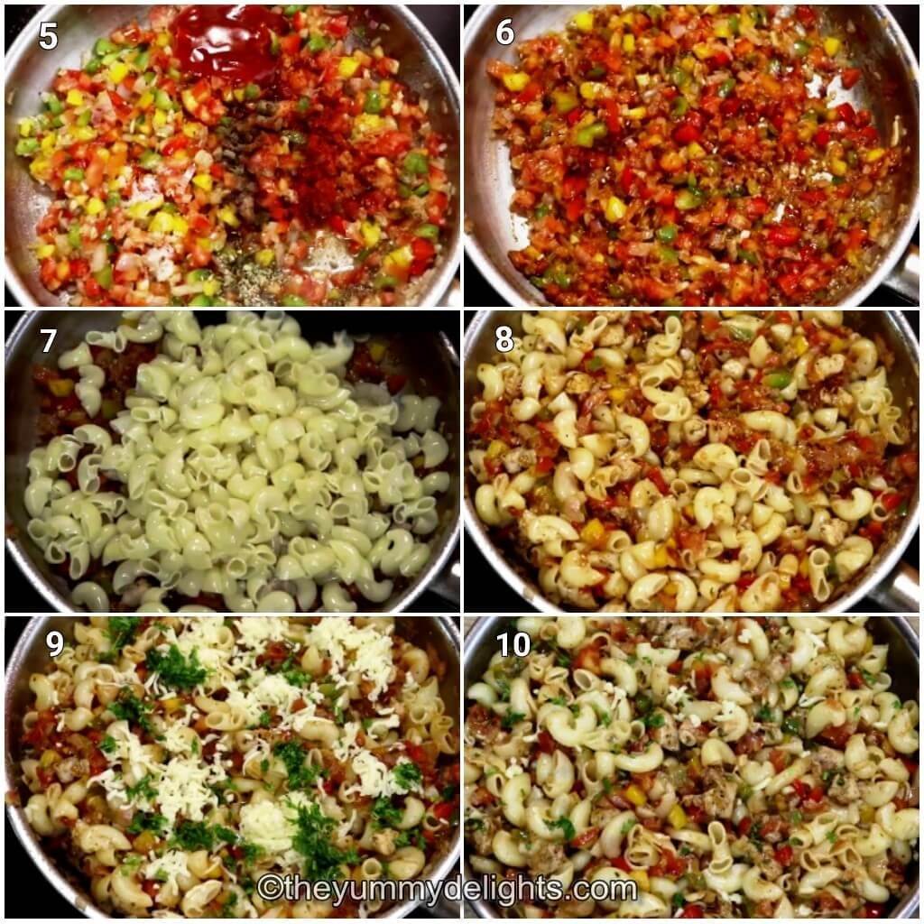 Collage image of 6 steps showing making the chicken macaroni. It shows addition of seasoning, 