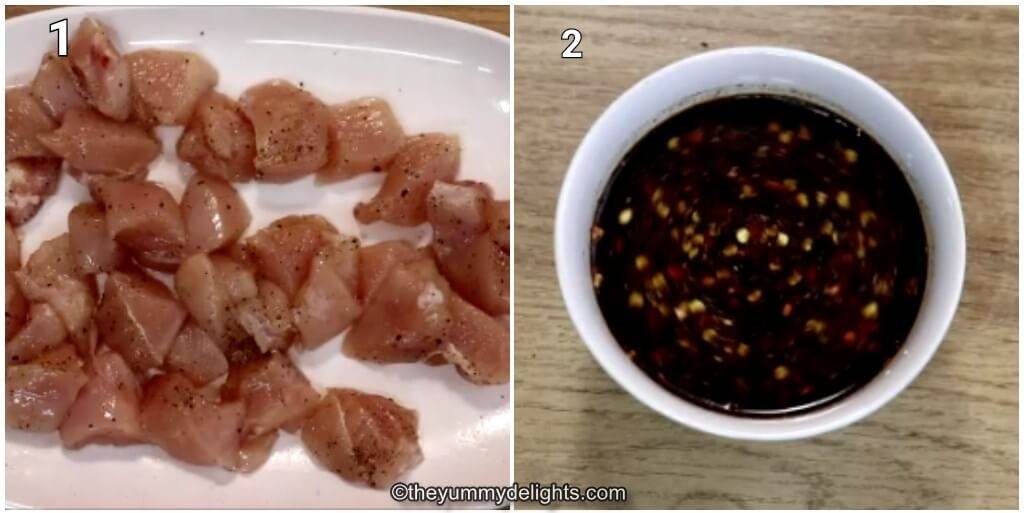 Collage image of 2 steps showing how to make stir-fry sauce. It also shows seasoning the chicken with salt & pepper.