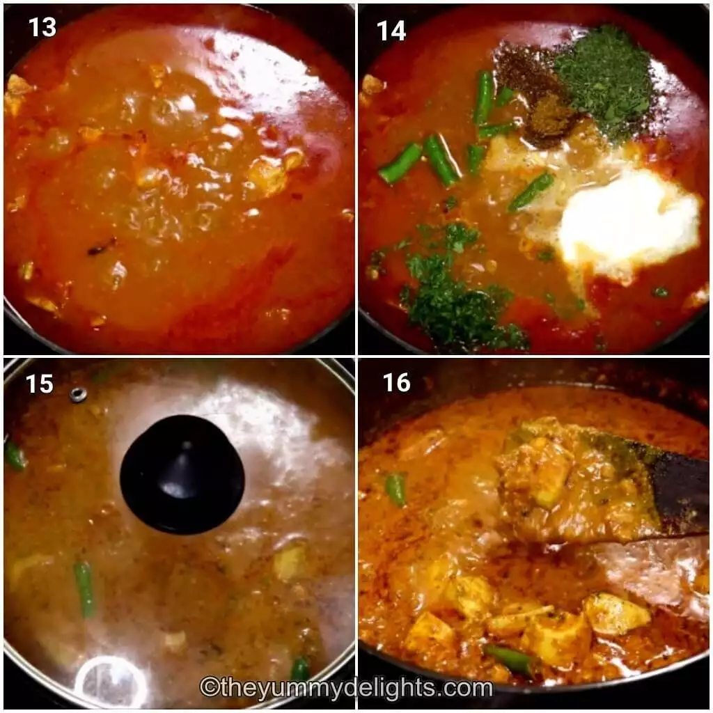 Collage image of 4 steps showing how to make restaurant-style chicken handi. It shows cooking chicken curry, addition of cream, chilies, garam masala powder, kasuri methi and coriander leaves to the curry and cooking it.