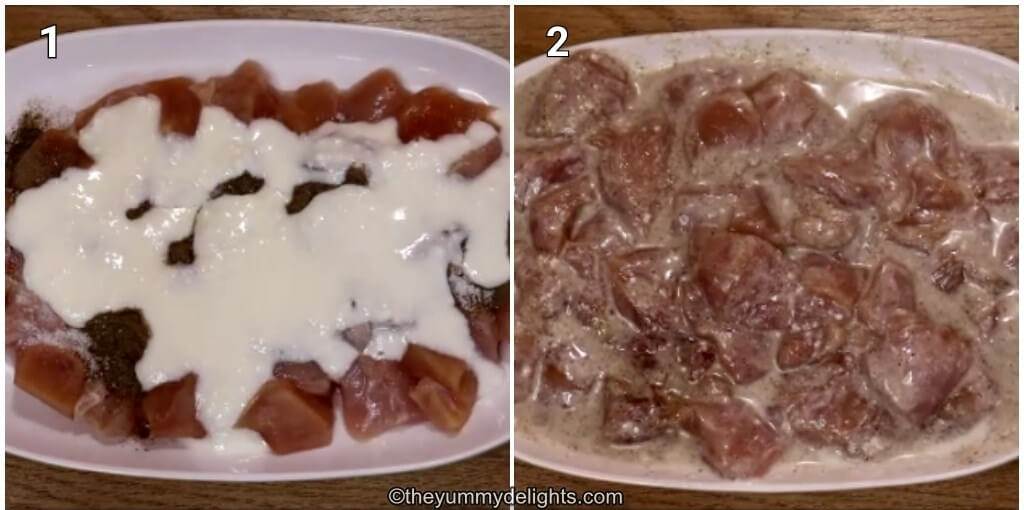 collage image of 2 steps showing marinating the chicken to amke chicken handi recipe.