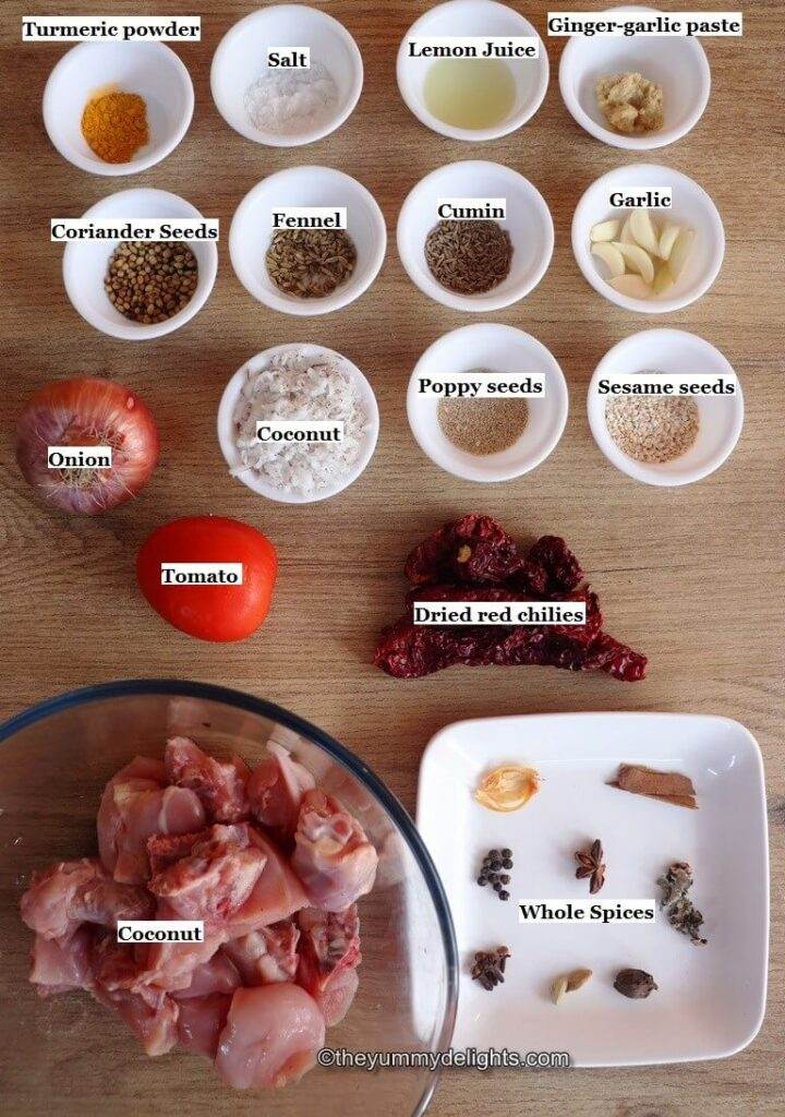 individually labeled ingredients to make Kolhapuri chicken sukka is laid out on a table.