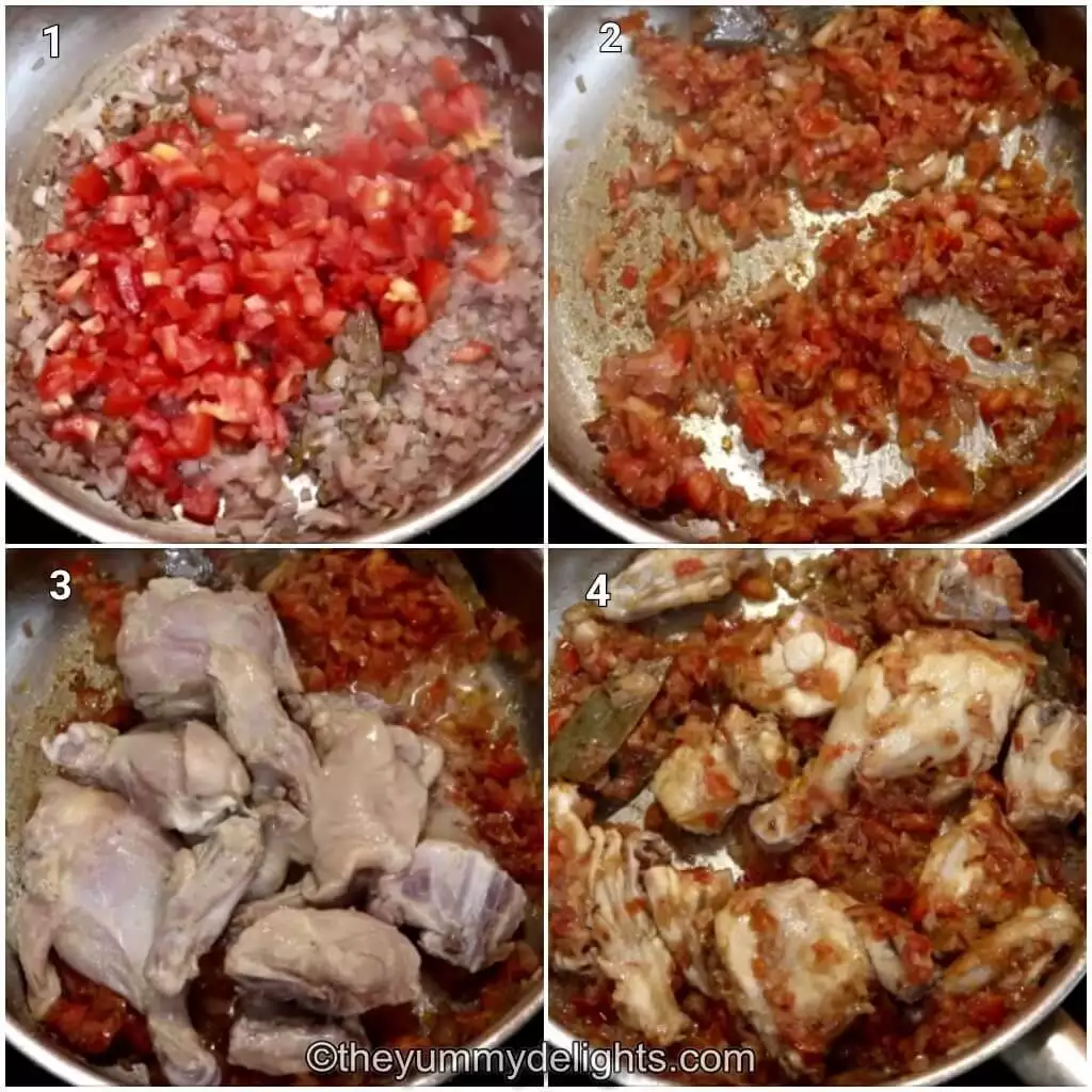 Collage image of 4 steps showing making the Kolhapuri chicken sukka. It shows sauteing onions and tomatoes, addition of marinated chicken and sauteing it.
