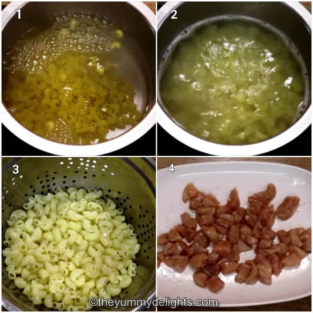 Collage image of 4 steps showing preparations to make chicken macaroni. It shows cooking macaroni and seasoning the chicken with salt and pepper.