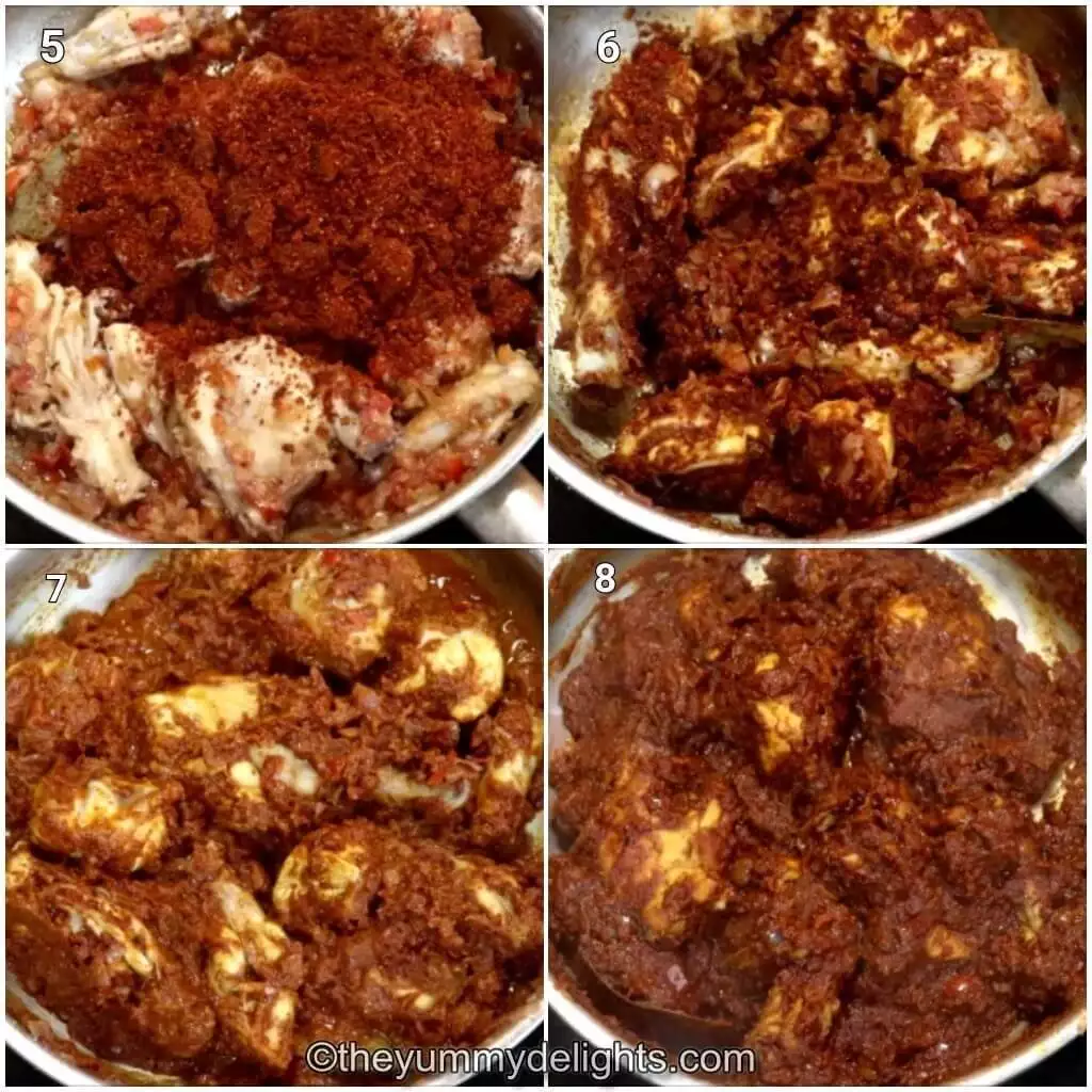 Collage image of 4 steps showing addition of Kolhapuri masala to make chicken sukka.