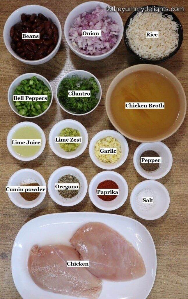 individually labeled ingredients to make cilantro lime chicken and rice are laid out on a table.