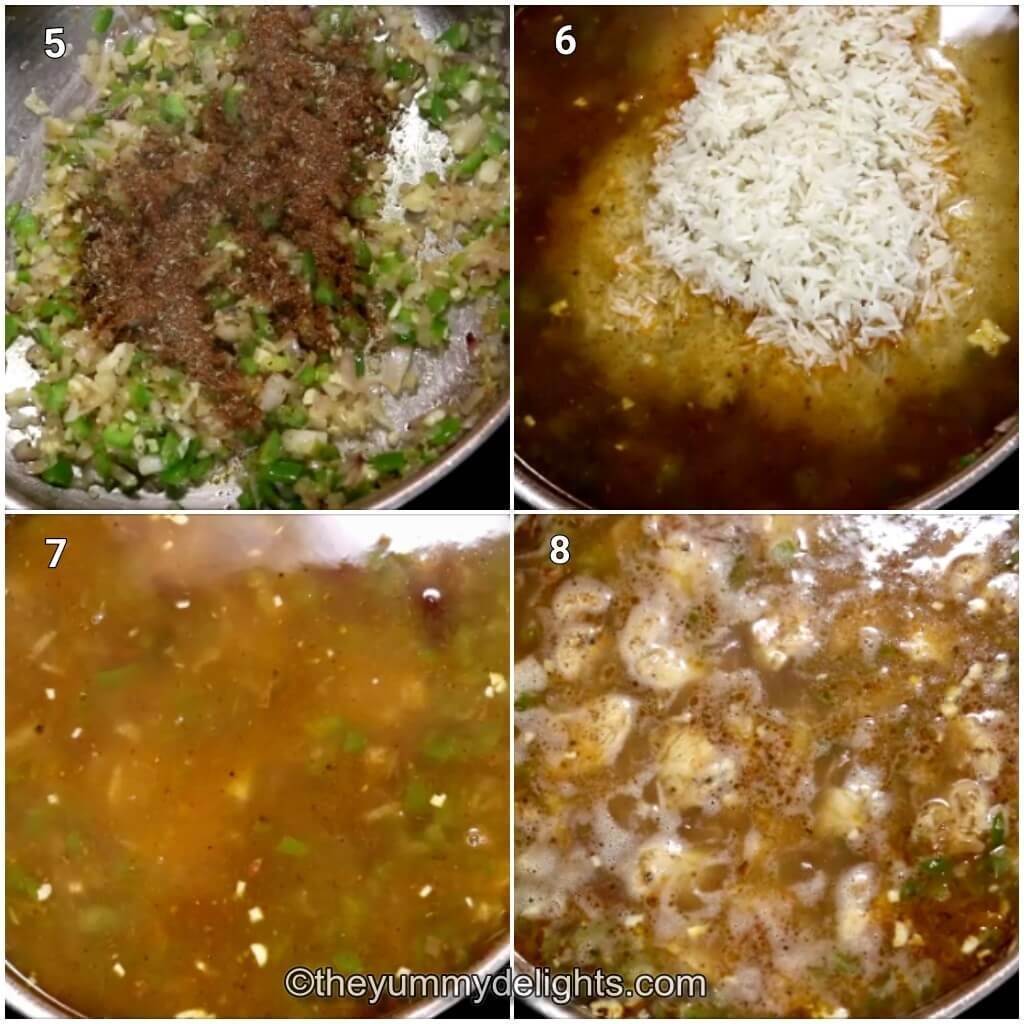 Collage image of 4 steps showing addition of seasoning, chicken broth, beans, rice and the addition of chicken back to the pan.