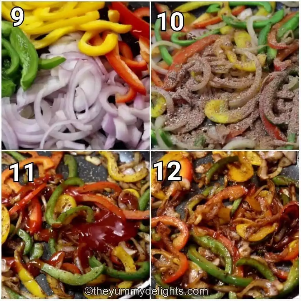 Collage image of 4 steps showing cooking the onion and bell pepper to make chicken fajita sandwich filler.
