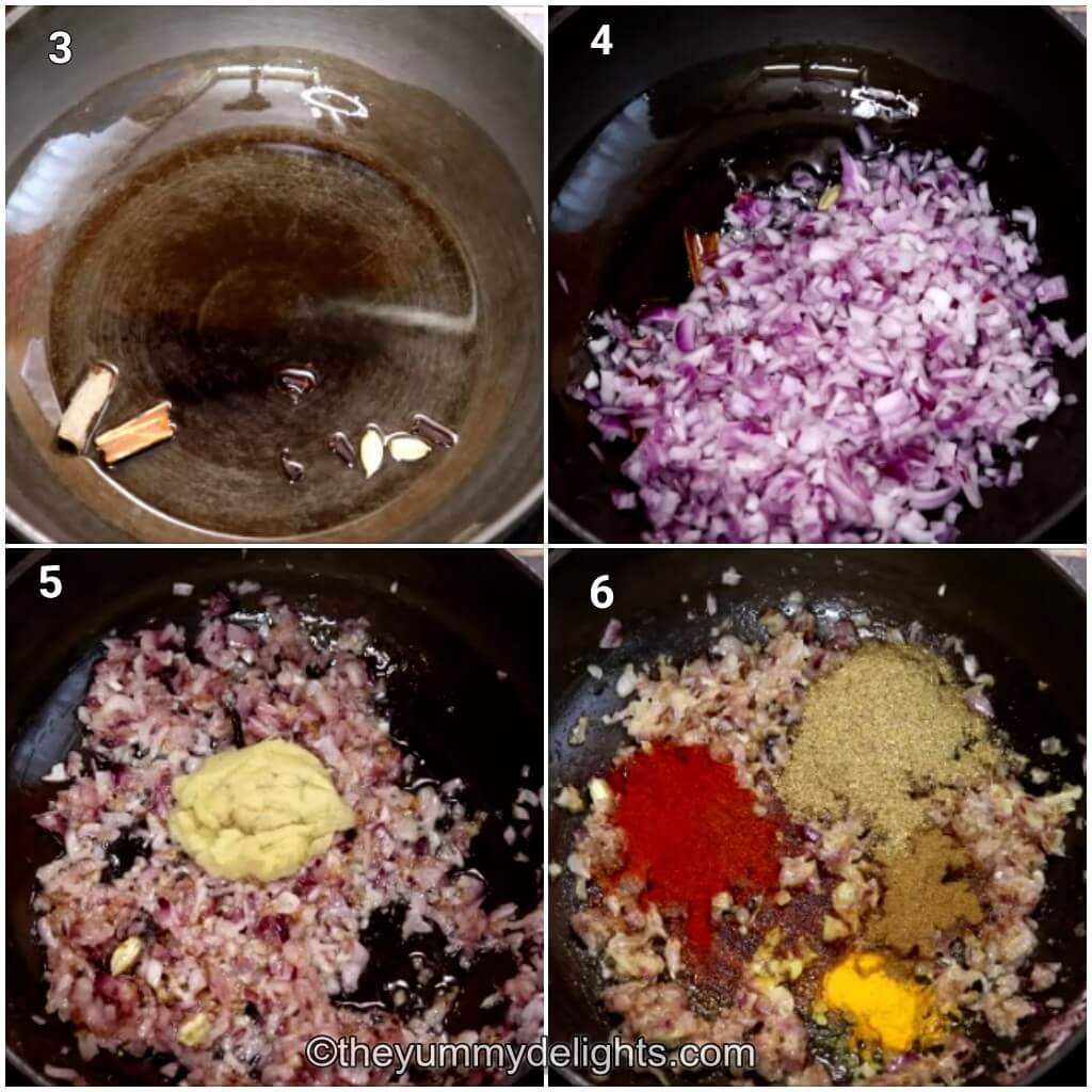 collage image of 4 steps showing how to make chicken handi. It shows sauteing whole spices, onions, ginger-garlic paste and the addition of spice powders.