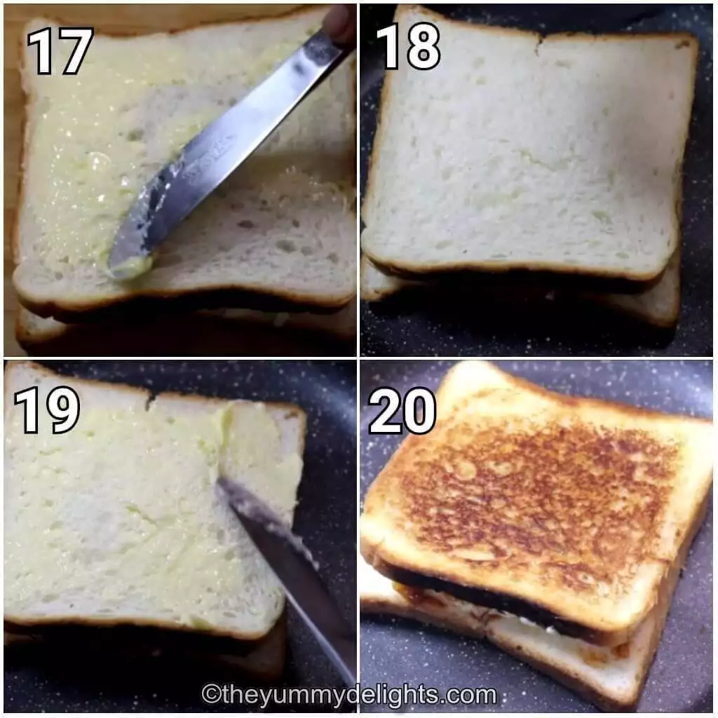 Collage image of 4 steps showing grilling the chicken fajita cheese sandwich.